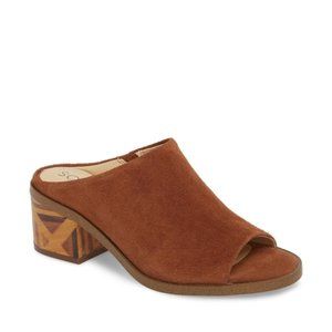 Sole Society Tammie Suede Geometric Block Heel Slide Peep Toe Shoe Brown 8.5/39
